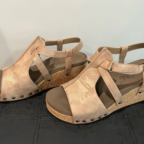 Corkys Seltzer Bronze Wedge Sandals - Picture 2 of 10